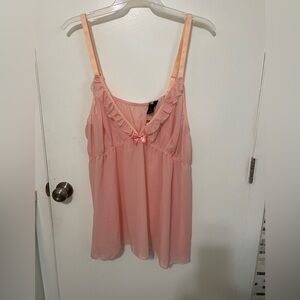 Passion Forever Sheer Peach Ruffle v neck Babydoll teddy Satin bow 3x New